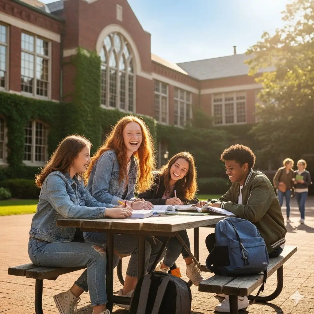 Kids studying and having fun in a university table.